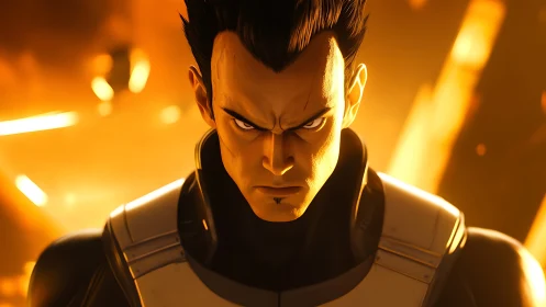 Intense anime warrior portrait under blazing orange light.