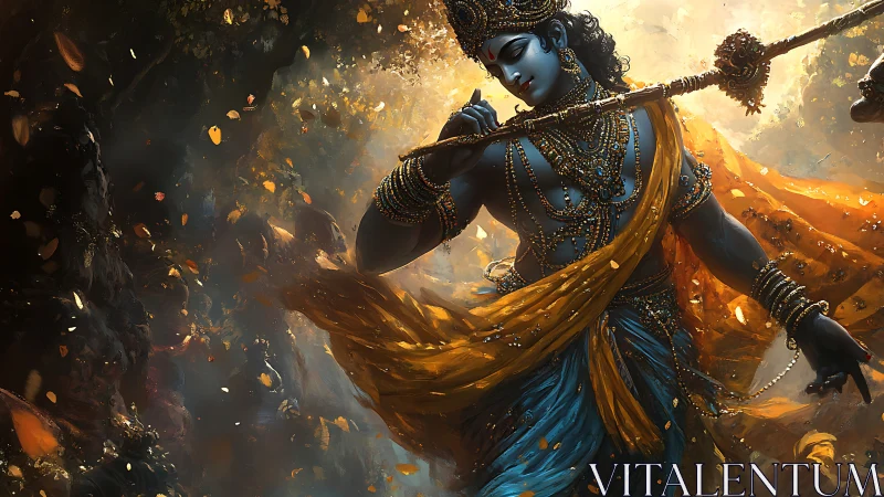 Mythic blue flutist amid volumetric foliage and kinetic drapery.