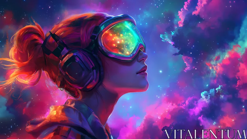 Stargazing dreamer in neon goggles drifts through cosmic color