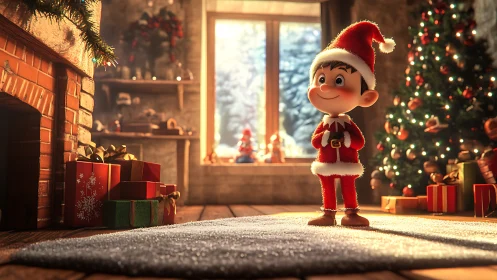 Festive child in Santa suit within warm 3D Christmas interior.