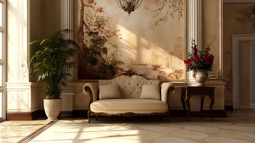 Sunlit velvet settee beneath a wandering mural daydream.