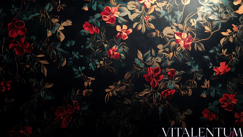 Dark Floral Garden with Red Blooms and Golden Vines.