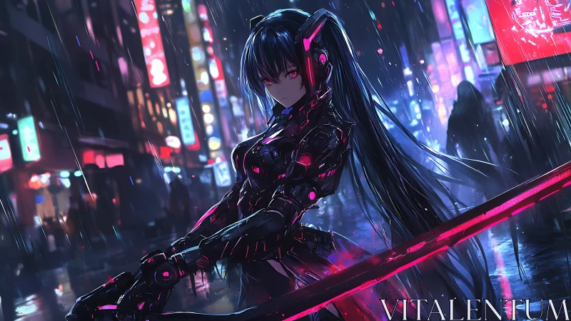 Cybernetic swordswoman stands in neon rain soaked city street