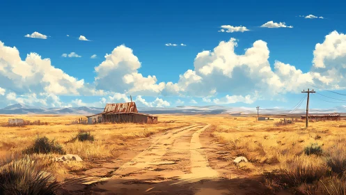 Dusty horizon road to a rusted homestead under roaming clouds.