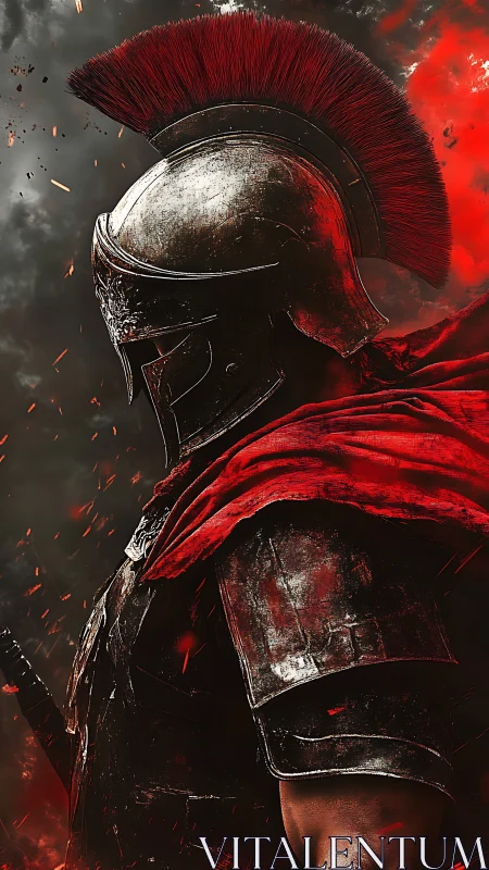 Armored Roman warrior stands in searing, ember‑lit storm