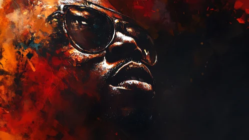 Portrait of reflective man in sunglasses emerges from fire