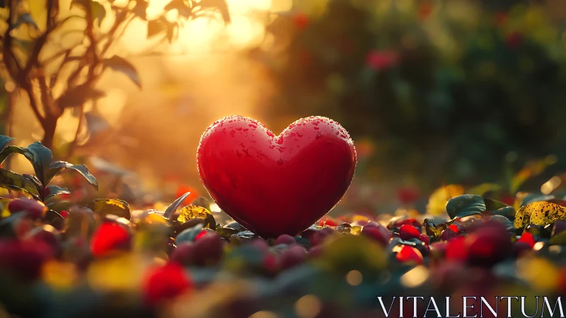 Crystalline Red Heart Illuminated in Golden Garden Setting.
