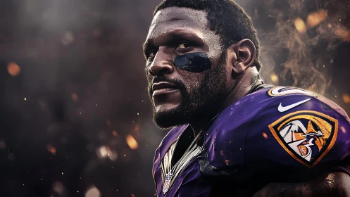 Intense football defender in purple uniform amid sparks.