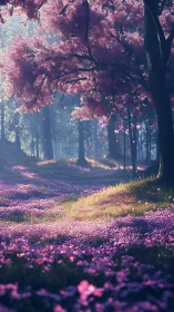 Forest path with dense pink flowering trees and ground coverage.