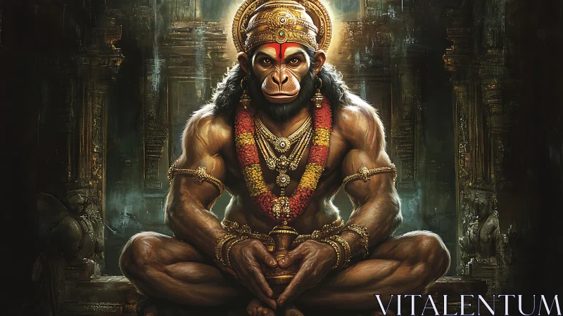 Mythological simian deity seated in ornate stone temple.