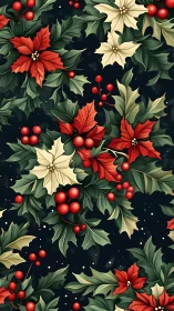 Festive poinsettia and holly bouquet pattern on midnight field.