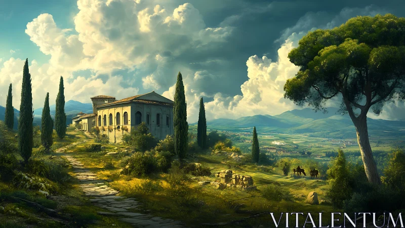 Sunlit Italian villa overlooks rolling countryside valley