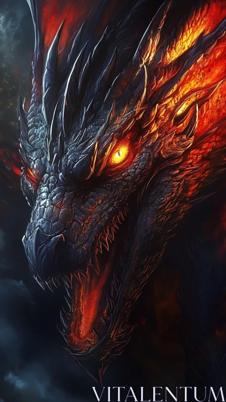 Inferno-scarred dragon roaring through molten twilight storm.