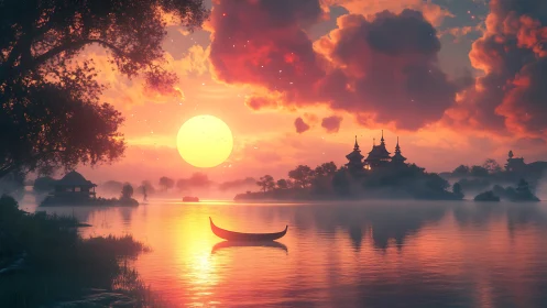 Sunlit temple lake at dusk with glowing clouds and skiff.