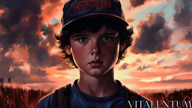 Backlit rural boy rendered with high-contrast sunset rim lighting