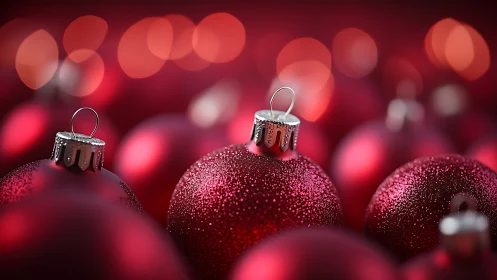 Red Christmas baubles with glitter texture and bokeh lights.