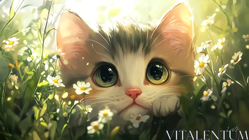 Feline Portrait Amid Flowering Vegetation with Luminous Atmospheric Effects.
