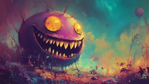 Spherical toothed creature in vivid abstract landscape.