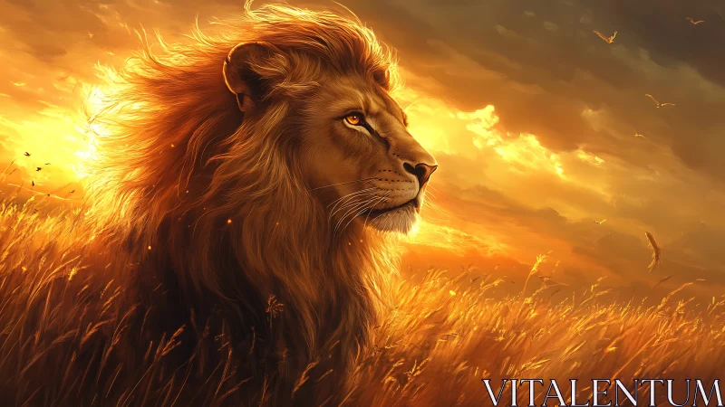 Radiant leonine profile in sunset-saturated savanna atmosphere.