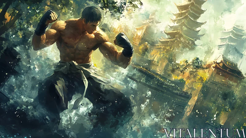 Bare-chested temple brawler stirring mist and sunlight.