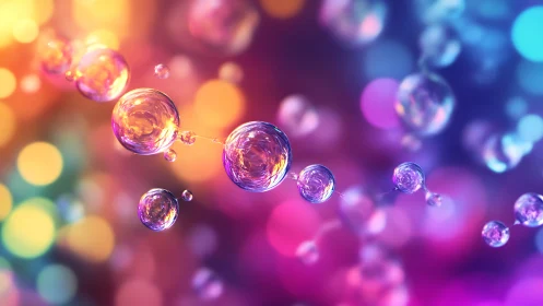 Iridescent bubbles drift through neon bokeh spectrum.
