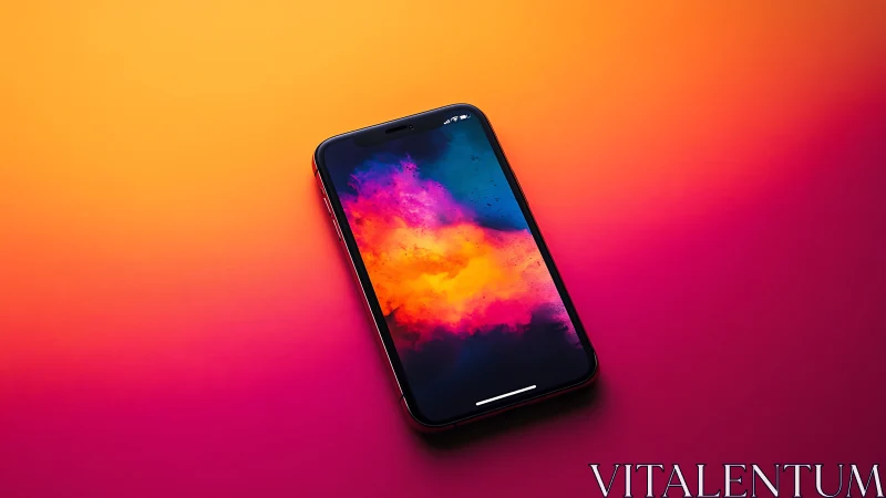 Smartphone displaying vibrant gradient wallpaper against warm sunset backdrop
