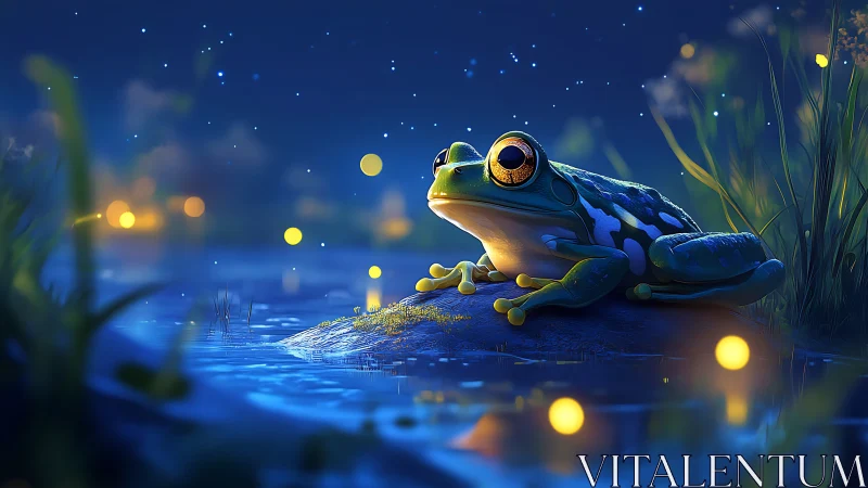 Moonlit frog dreaming beside a firefly-dotted blue pond.