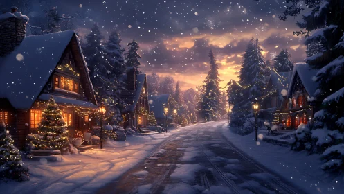 Snow-covered holiday village street at dusk with warm lighting