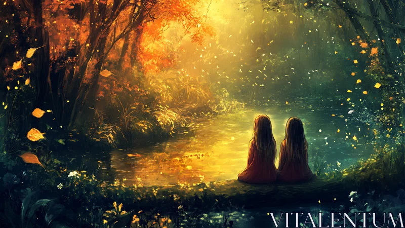 Twin figures observe a luminous autumn forest stream