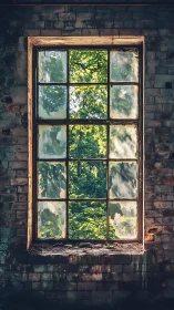 Weathered brick window framing a secret summer garden.