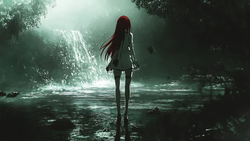 Silhouetted girl stands before bright forest waterfall
