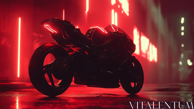 Futuristic cyberpunk motorcycle under neon red streetlights.