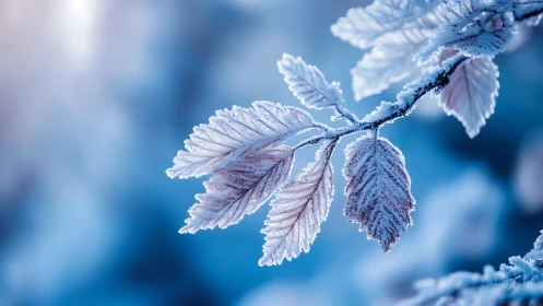 Frost crystallizes on deciduous leaves under cool blue bokeh