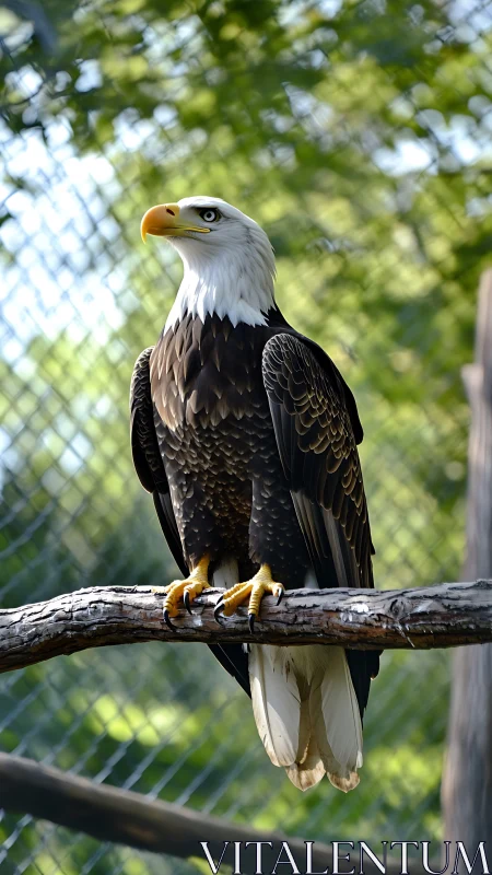 Bald eagle perched on branch inside outdoor enclosure.