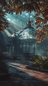 Victorian glass conservatory framed by volumetric dawn light beams