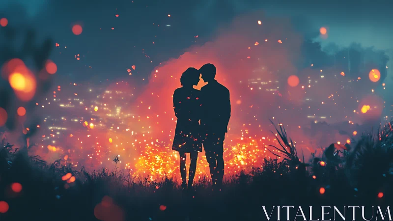 Silhouetted couple kissing amid glowing bokeh lights