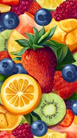 High-saturation digital painting of assorted sliced fruits.