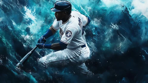 Dynamic digital painting of baseball hitter in turbulent waves.