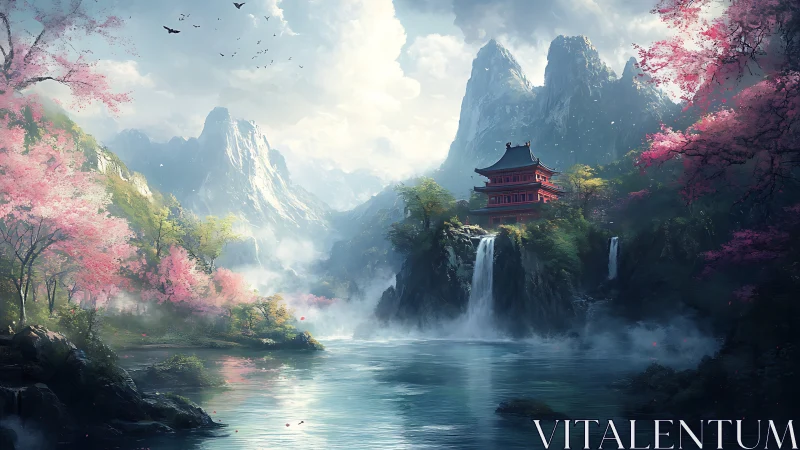 Sky-kissed pagoda above waterfalls and drifting cherry mists.