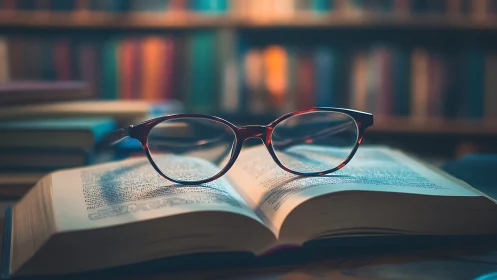 Reading glasses rest on an open book in warm library light