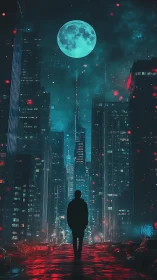 Silhouette walks down neon city street under large cyan moon