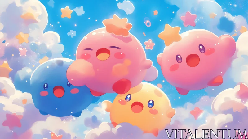 Pastel star-shaped creatures drift through dreamy sky.