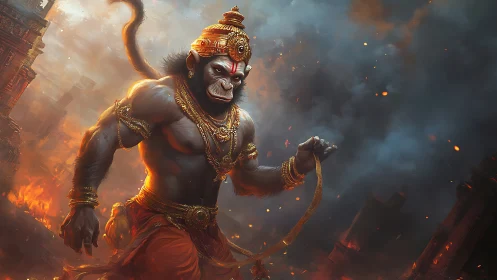 Mythic simian warrior amid incendiary temple ruins rendered.