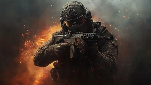 Focused tactical soldier framed by blazing battle light.
