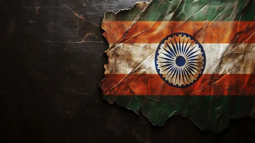Distressed Indian tricolour flag fragment lies on dark surface