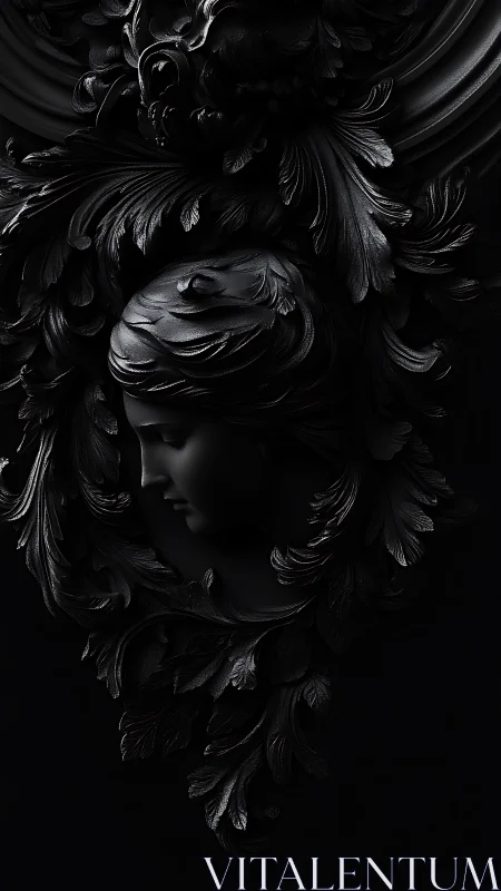 Monochrome relief of female profile with ornate foliage frame.