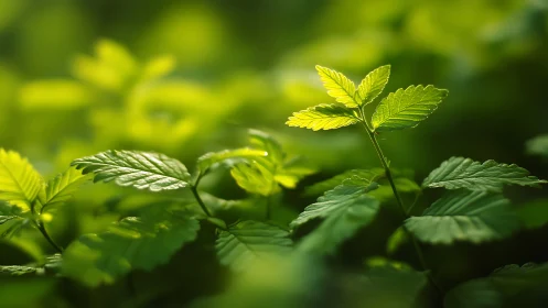 Close-up of vibrant green leaves in natural sunlight, macro style.