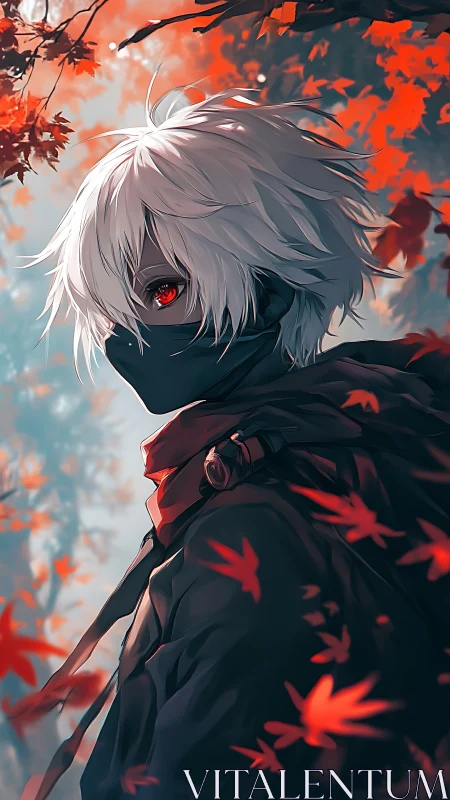 Masked white-haired anime assassin stands amid crimson leaves