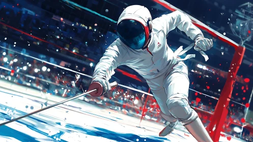 Dynamic futuristic fencer lunging under arena lights.