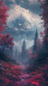 Crimson forest path dreaming beneath a mist-crowned peak.